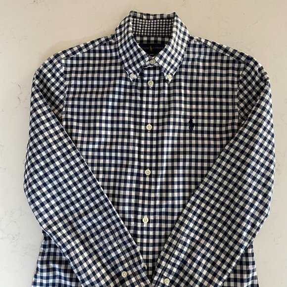 Ralph Lauren Blue Label Slim Fit LS Button Down Cotton Check Shirt Navy Wht Sz 2 - Picture 2 of 14